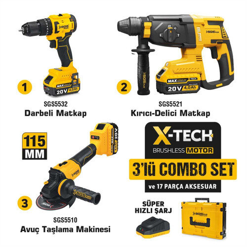 COMBO SET 3PARÇA SGS (darbeli matkap/kırıcı-delici matkap/avuç taşlama) (5450)
